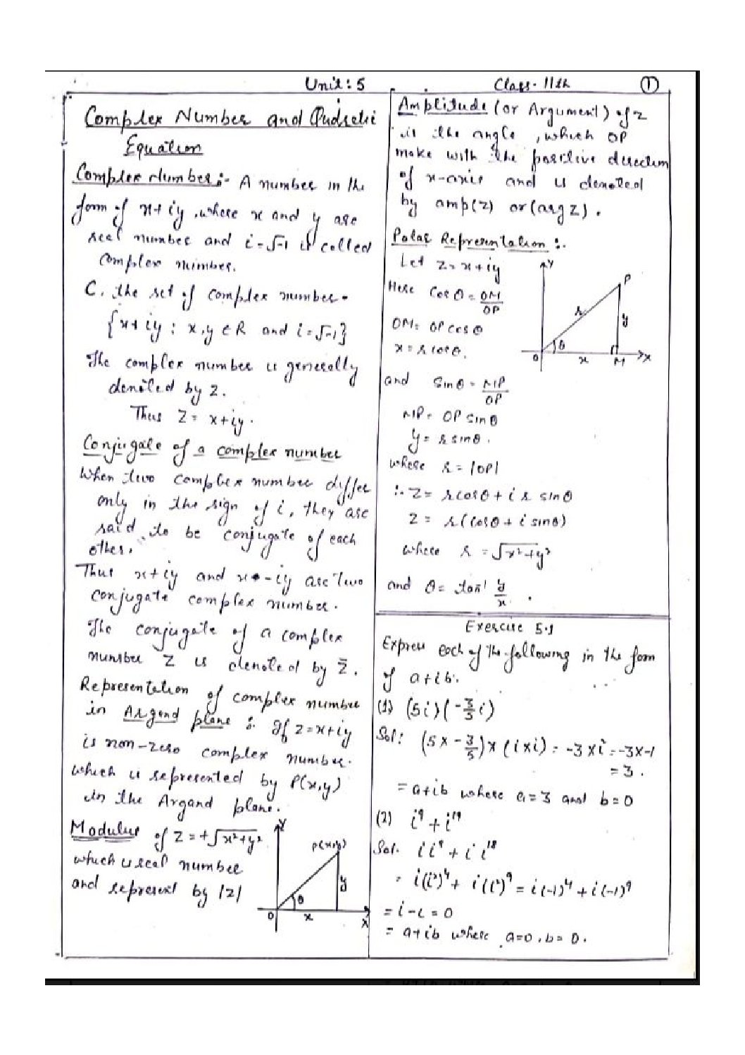 Complex number and quadratic equation handwritten Notes PDF
