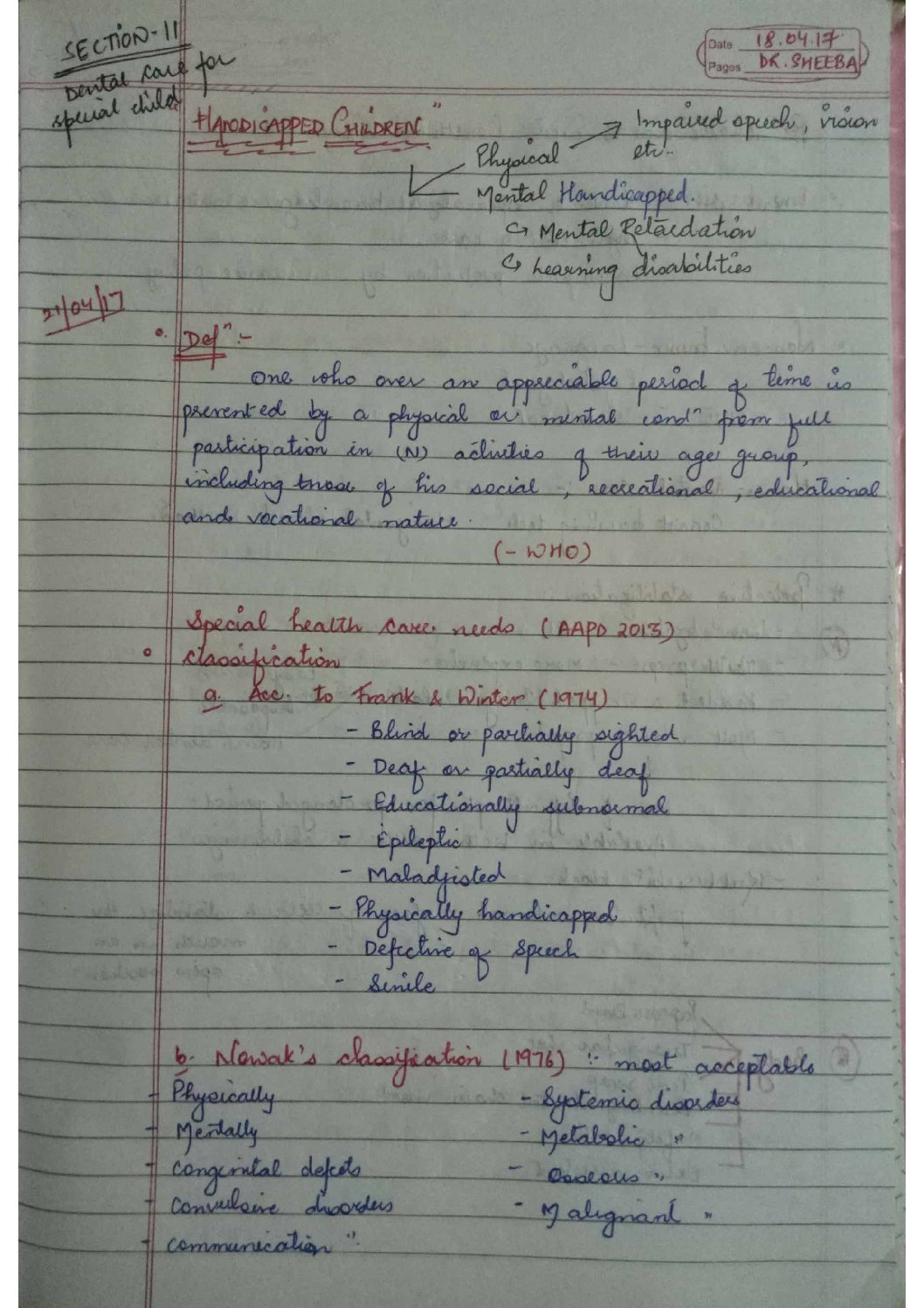 BDS Notes: Dental care of special/ handicapped child Handwritten Notes PDF