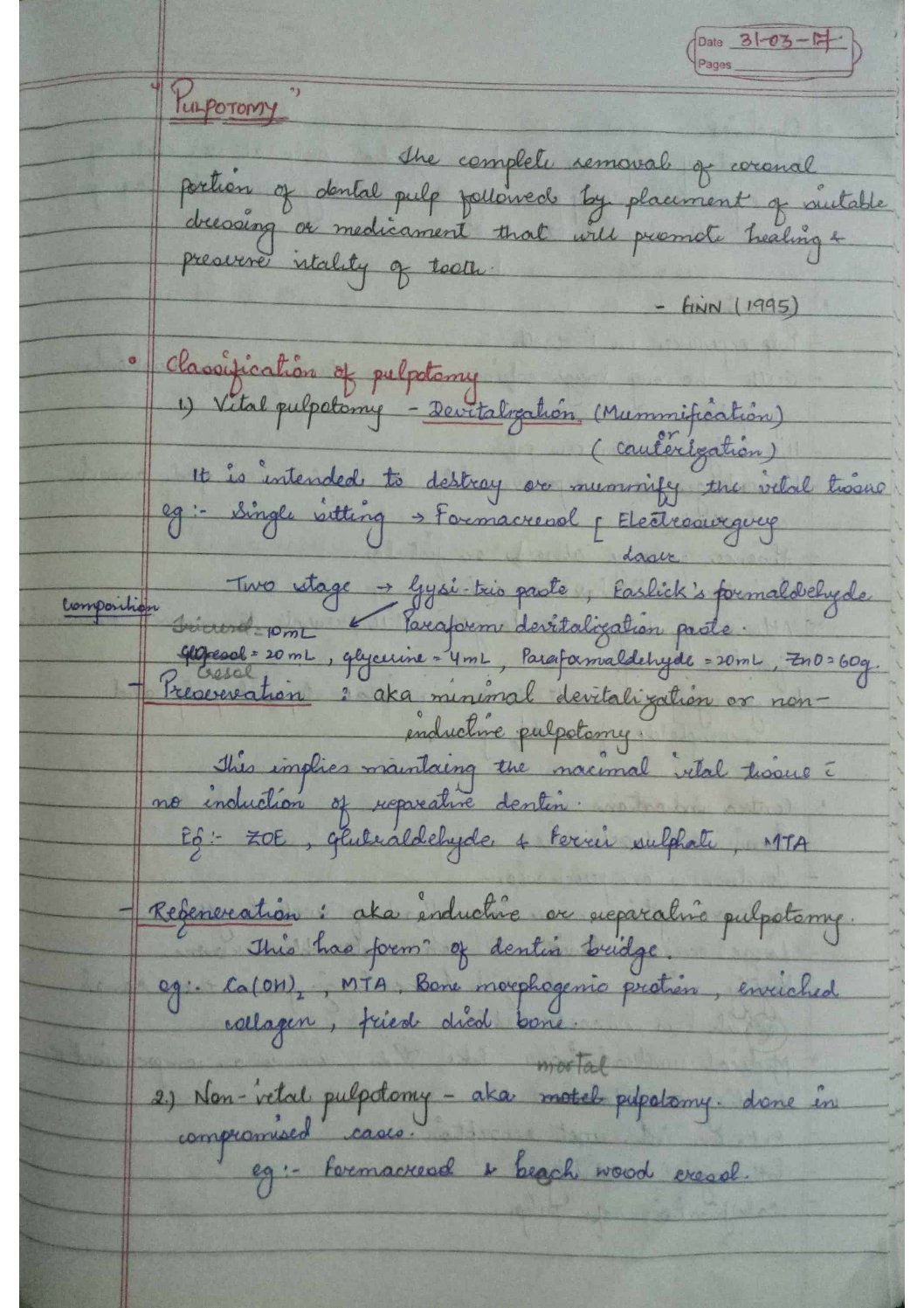 BDS Notes: Pulpotomy and Pulpectomy Handwritten Notes PDF